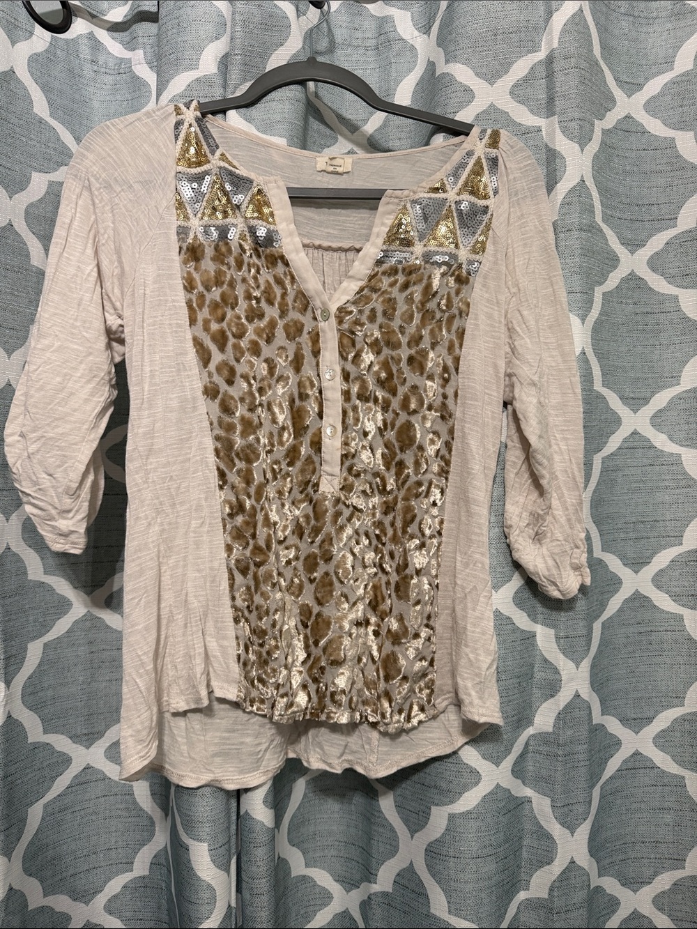 Leopard Velvet Front Sequin Trim Blouse — Beige( small mark)